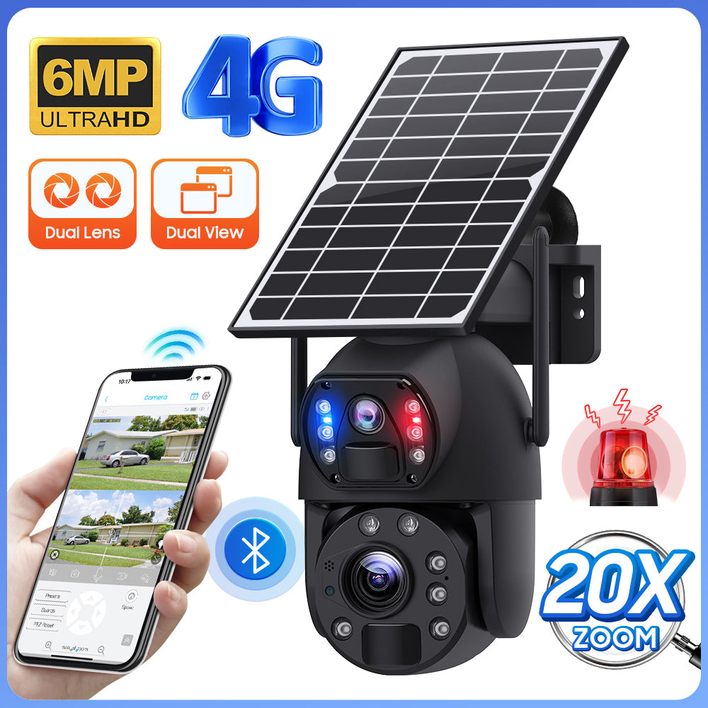 Welaso Solar Powered Security Camera Outdoor,4G/WiFi Dual Lens,20x/36x Zoom,6MP Resolution,PIR Human Detection,Color+IR Night Vision,Two-Way Audio,IP66 Waterproof