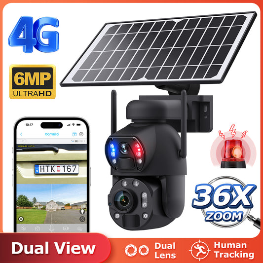 Welaso Solar Powered Security Camera Outdoor,4G/WiFi Dual Lens,20x/36x Zoom,6MP Resolution,PIR Human Detection,Color+IR Night Vision,Two-Way Audio,IP66 Waterproof