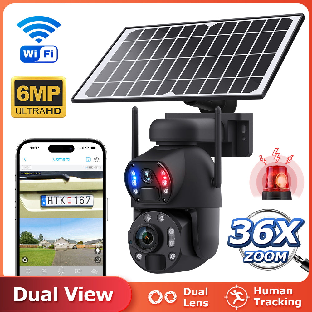 Welaso Solar Powered Security Camera Outdoor,4G/WiFi Dual Lens,20x/36x Zoom,6MP Resolution,PIR Human Detection,Color+IR Night Vision,Two-Way Audio,IP66 Waterproof