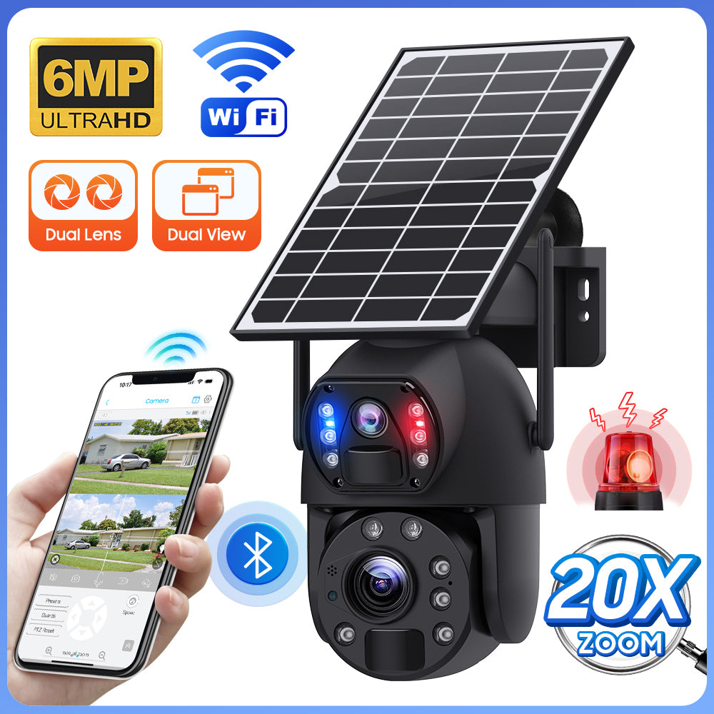 Welaso Solar Powered Security Camera Outdoor,4G/WiFi Dual Lens,20x/36x Zoom,6MP Resolution,PIR Human Detection,Color+IR Night Vision,Two-Way Audio,IP66 Waterproof