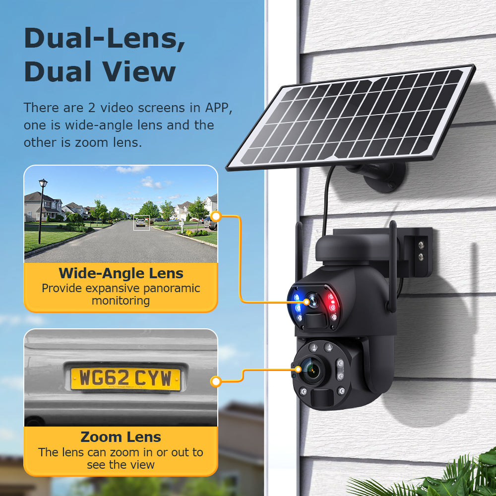 Welaso Solar Powered Security Camera Outdoor,4G/WiFi Dual Lens,20x/36x Zoom,6MP Resolution,PIR Human Detection,Color+IR Night Vision,Two-Way Audio,IP66 Waterproof