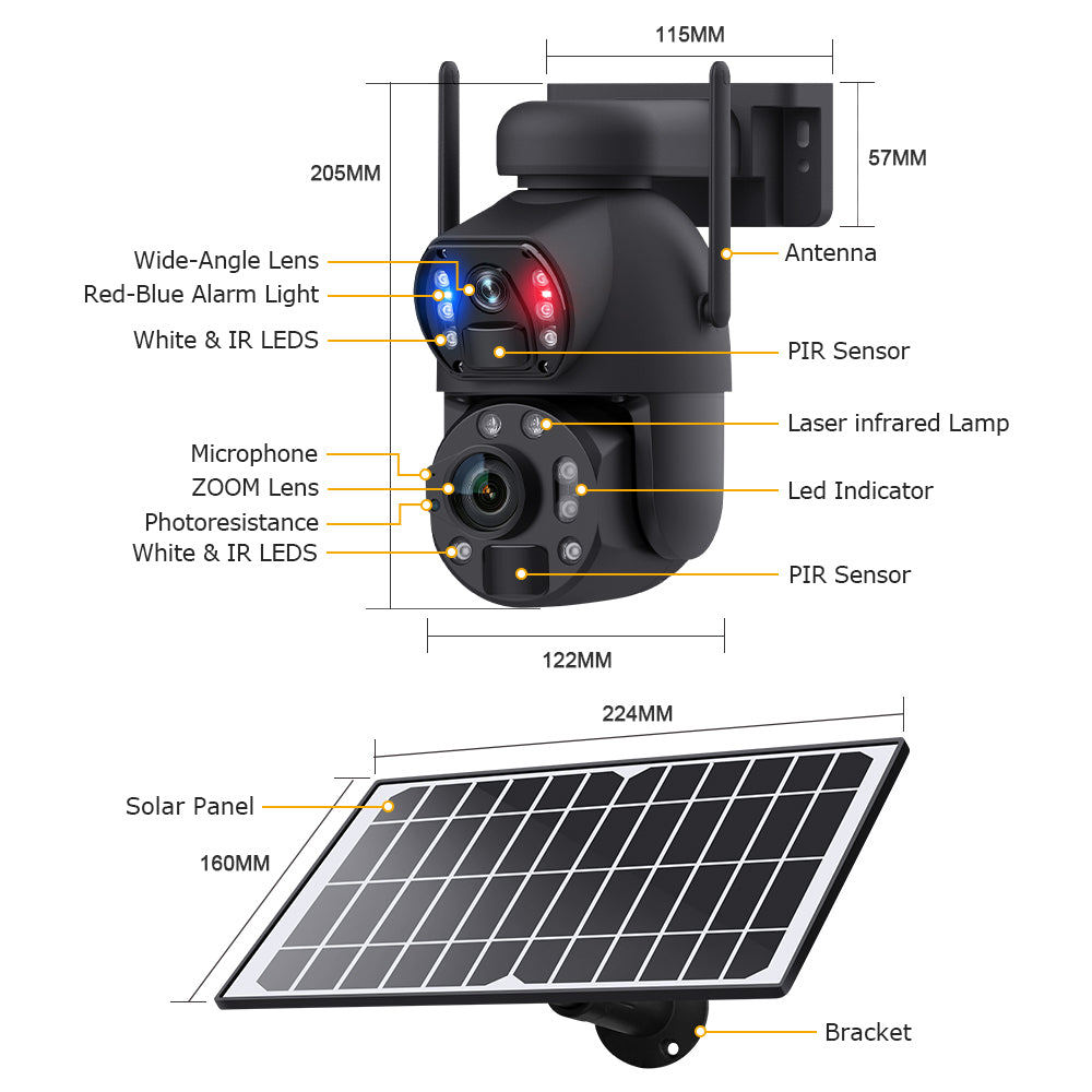 Welaso Solar Powered Security Camera Outdoor,4G/WiFi Dual Lens,20x/36x Zoom,6MP Resolution,PIR Human Detection,Color+IR Night Vision,Two-Way Audio,IP66 Waterproof