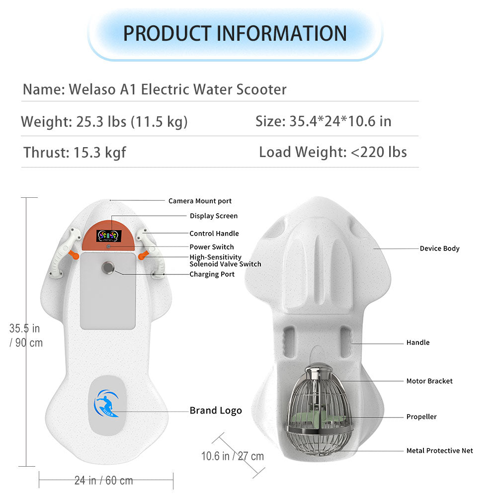 Welaso A1 Electric Water Scooter, 1200W Dual-Speed Swimming Aid, LCD Display, 9.8 Miles/h Max Speed, 220 lbs Load Capacity