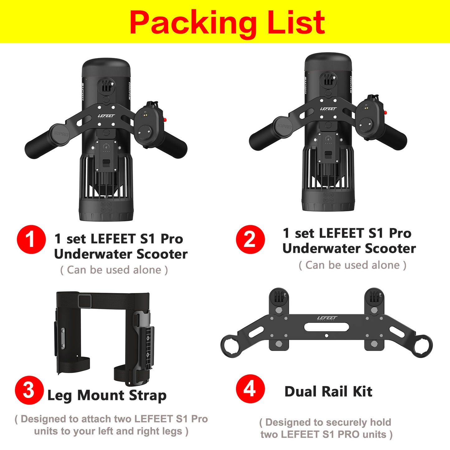 LEFEET S1 Professional Underwater Scooter with Dual Propeller for Sea Hunting Fishing,Scuba Diving,Snorkeling,Swimming,Underwater Exploration and Rescue，2 Set Waterscooters+Dual Rail Kit+Leg Strap